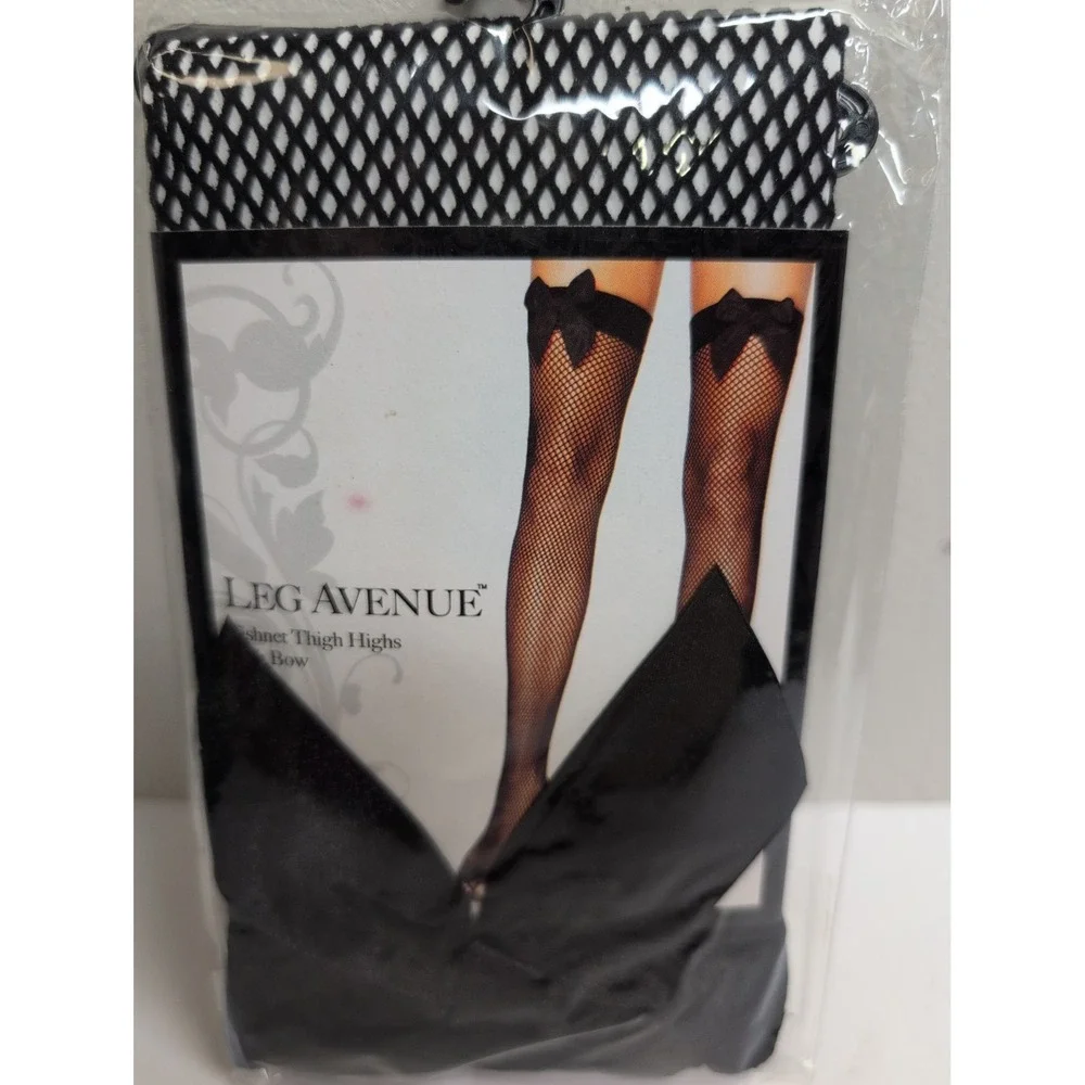 LEG AVENUE STYLE 9017 BLACK FISHNET THIGH HIGHS with BACKSEAM & SATIN BOWS - O/S